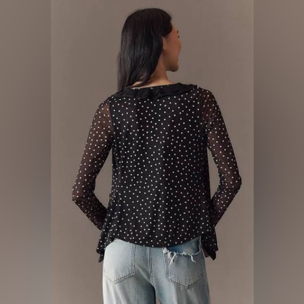 Anthropologie Maeve Lace-Trim Sheer Cardigan Top Polka Dot Black White Medium - Picture 2 of 5